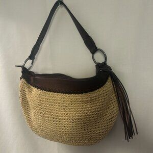 Vintage Brighton Brown Leather Handbag Raffia Summer Hobo Purse Satchel Woven